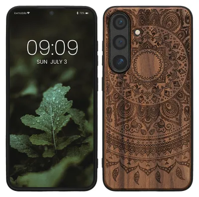 Produktbild von kwmobile Handyhülle für Samsung Galaxy S25 Hülle Holz - Case mit TPU Bumper - Stoßfestes Hardcase - Schutzhülle Cover in Dunkelbraun