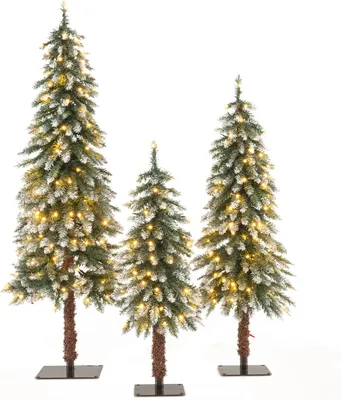 Three artificial Christmas trees of varying sizes, decorated with artificial snow and LED lights, are displayed against a white background.