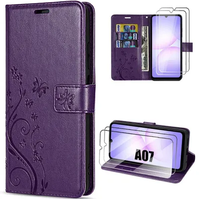 Image de Coque + 2 Verres Trempés pour Samsung Galaxy A07, Protection Antichoc Synthécuir Motif Papillon Violet Foncé