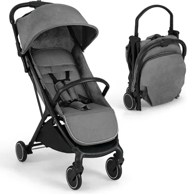 Zdjęcie produktu dla Składany wózek dziecięcy - Lekki wózek podróżny - Komfortowe podróżowanie - Obsługa jedną ręką - Do 15 kg - Szary i czarny