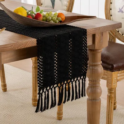 Zdjęcie produktu dla Bieżnik stołowy czarny, bawełna i len, styl boho, z frędzlami, 30x140 cm