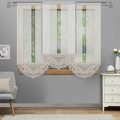 A window with decorative curtains and a dresser next to it.