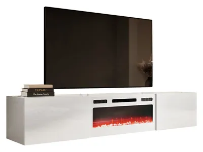 Produktbild von MIRJAN24 TV-Lowboard Slide 200 mit Elektrischem Kamin, Stilvoll TV Schrank, TV Tisch, LED-Flamme (Farbe: Weiß Matt / Weiß Hochglanz, mit Kamin Weiss)