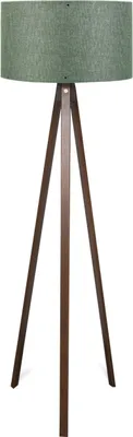A floor lamp with a green fabric shade and a dark brown tripod base.