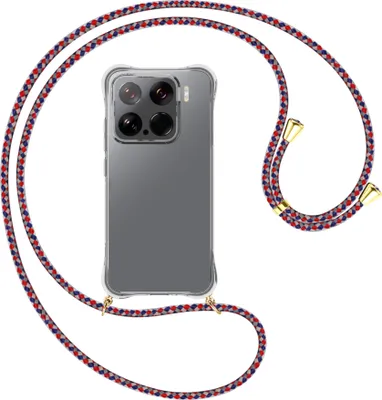 Produktbild von Handykette Backcover-Schutzhülle mit Band (Metall goldfarben) für Xiaomi 15 5G - silber/blau/rot