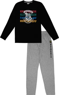 Produktbild von Harry Potter Schlafanzug für Herren - Hogwarts Pyjama Set Langarm Oberteil mit Hose Grau/Schwarz XXL