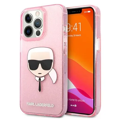 A pink glittery iPhone case with a Karl Lagerfeld graphic is shown next to an iPhone.