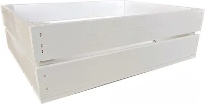 A white wooden crate is shown against a white background.