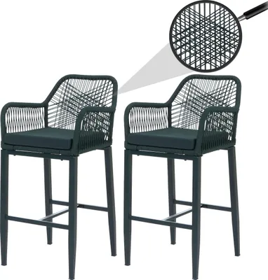 Produktbild von 2er-Set Rope-Barhocker HWC-P91, Barstuhl Tresenhocker, Outdoor Sitzpolster Seilgeflecht Metall grün