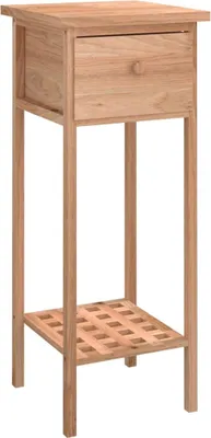 A wooden side table with a drawer and a slatted shelf.