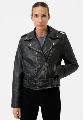 Produktbild von Ricano Damen Lederjacke Vintage Perfecto Stil LOUNA – Schwarz / S