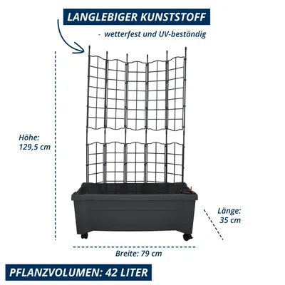 Produktbild von KHW Calypso Pflanzkasten auf Rollen mit Bewässerungssystem aus hochwertigem Kunststoff mit modularem Spalier, wetter-/UV-beständig, Farbe: Anthrazit