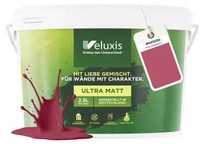 Produktbild von Wandfarbe Rosa Rot Altrosa Matt Innenfarbe – Deckkraft Klasse 1, VOC-frei, Ohne Grundierung, Tropfarm – Wohnzimmer & Schlafzimmer – 2,5L – Veluxis (Rosy Raspberry)