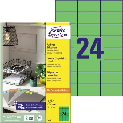Obrázok produktu pre Avery Universal Labels, Green 70x37mm, 100 listy, 70 x 37, 2400 kusov