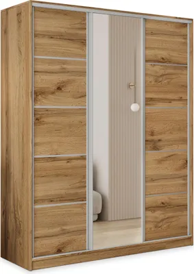 A three-door wardrobe with a mirrored center door, set against a neutral background.