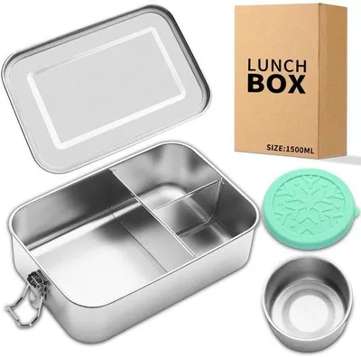 Produktbild von Edelstahl Bento Lunchbox 1500ML, 3-fach, metallener Speisebehälter