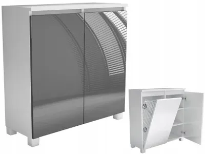 Zdjęcie produktu dla komoda łazienkowa 80 80cm z koszem i półkami szary połysk stojąca wisząca