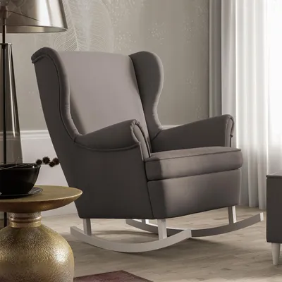 Produktbild von Schaukelstuhl ROSS gepolstert hohe Rückenlehne Accent Glider Rocker für Wohnzimmer mit Armlehne, Weiße Holzbeine - Stoff Trinity 05