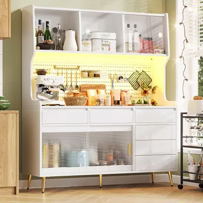 Produktbild von LED-Hochschrank mit App-Steuerung: Moderner Küchen- & Esszimmerschrank, inkl. Schublade & Regal,Größe: 145x39x171cm,Weiß