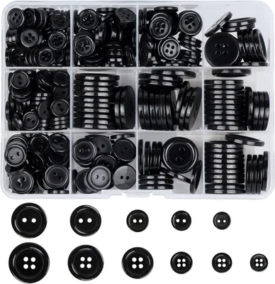 Runde Harzknöpfe, 404 Stück, schwarz, 10–23 mm, 2- und 4-Loch