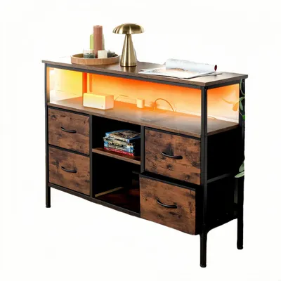 Immagine prodotto di Comodino con illuminazione a LED, 4 cassetti, dimensioni 110x30x78 cm, 2 porte USB, 2 prese di corrente, legno, stile vintage