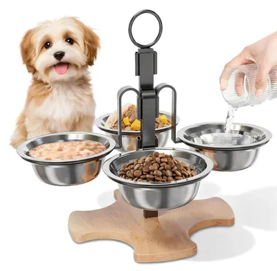 Obrázek produktu pro Vyvýšená miska pro psy se stojanem, vhodná pro kočky a malé psy, 4 misky z nerezové oceli o průměru 14 cm, výška nastavitelná