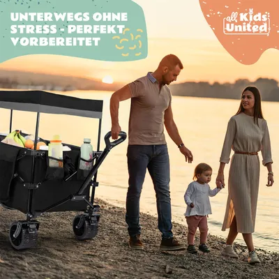 Produktbild von all Kids United Faltbarer Bollerwagen Schwarz, 150 kg Tragkraft, Handwagen mit Sonnendach, Stahlrahmen, Getränkehalter, 91x91x57 cm