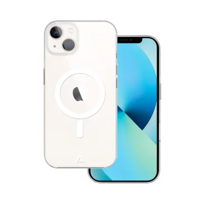 A transparent iPhone 13 protective case with MagSafe compatibility is shown next to the phone.