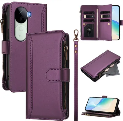 Produktbild von Handyhülle für Vivo V40E Reißverschluss Geldbörse Kunstleder Klapphülle mit Kartensteckplatz, Ständer, Handschlaufe Lila