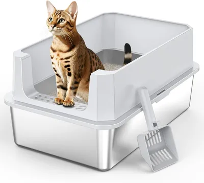 Productafbeelding van Kattenbak van roestvrij staal - XL - 28 liter - open met hoge rand - met strooischep - 56,5 x 36,5 x 25,5 cm
