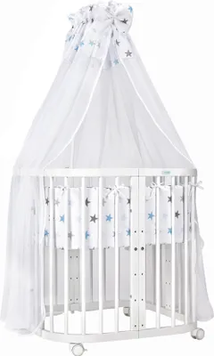 Produktbild von Mobiles Babybett aus Holz 7in1 mit Matratze, mitwachsend,Stoffe Sterne blau,Holz weiß