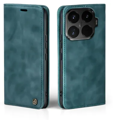 Two views of a teal flip phone case for a Xiaomi 15T Pro, showing the exterior and the camera cutout.
