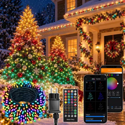 Image de Éclairage de Noël intelligent, 20 mètres, 200 LED blanc chaud + RGB. Guirlande lumineuse LED avec contrôle via application, synchronisation musicale, plus de 100 scènes, groupes jusqu'à 8, minuterie, alimentation secteur EU de 3 mètres, câble vert