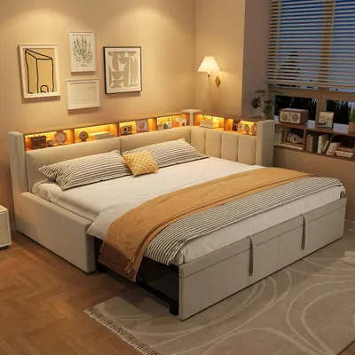 Produktbild von Tagesbett Schlafsofa ausziehbar LED Lichtleiste Staufach Leinen, 90x200 bis 180x200 cm beige