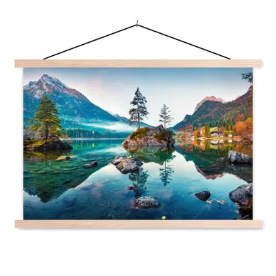 Produktbild von MuchoWow® Textilposter Berge - See - Bäume - Natur - Wasser 120x80 cm mit holzfarbenen Rahmen - Aufhängeset