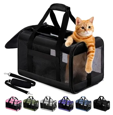 Produktbild von Flugzeugtaugliche Katzenbox, Weichseitige Hundetransportbox mit Innenleine, Transport für kleine bis mittelgroße Katzen und Welpen bis 7 kg, Zusammenklappbare Reisetasche - Schwarz, M