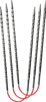 A set of circular knitting needles with red cords.