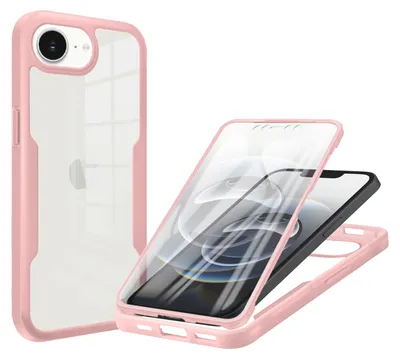 A pink and clear iPhone case is shown, with a phone inside the case on the right side of the image.