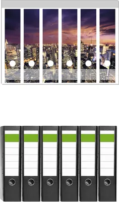 Produktbild von Wallario 6 Stück breite Ordner inkl. Klebeetiketten mit Motive New York bei Nacht - Panoramablick über die Stadt -  Set mit Rückenschildern / Ordnerrücken Stickern
