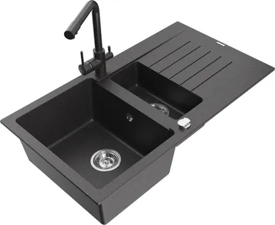 Produktbild von Mexen Matias 1,5-Becken-Granitspüle mit Abtropffläche und Mischbatterie Duero, Schwarz gesprenkelt - 6502-76-671600-76