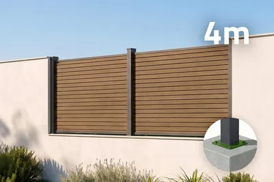 Produktbild von 4 m hoher PRIEL-Zaun aus Holzoptik, 90 cm hoch, auf Teakholz-Fußplatten