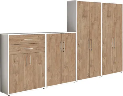 Produktbild von Aktenschrank TABOR 56 in weiß / Gold Harbor Oak, Schrankwand, Büroschrank, abschließbar, Metallgriffe