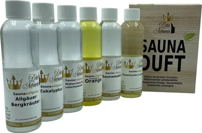 Produktbild von Saunaaufguss Set 6x250ml Eukalyptus Orange Kräuter Lemongras Kampfer