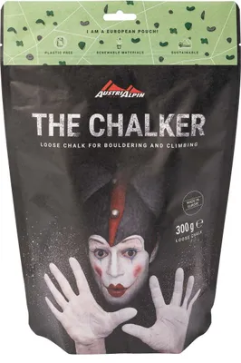 Produktverpackung von "Chalkpulver 300g The Chalker" von Austri Alpin; geeignet für Klettern und Bouldern.