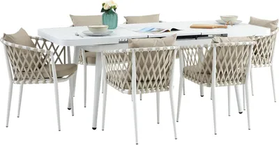 Produktbild von Gartenmöbel Set SUNNY mit 1 ausziehbaren Esstisch und 6 Stühlen, Esstisch Gestell aus Alu in weiß, Seilbespannung der Stühle in beige, Essgruppe inkl. Sitzkissen, Terassenmöbel