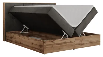 Produktbild von MKS MEBLE Boxspringbett 200x200 mit Bettkasten Eiche, Polsterbett 200x200 mit Matratze H3, Bett 200x200 mit Kopfteil, Bett mit Holzrahmen in Wotan Eiche - Dunkelgrau Velvet - Veneto