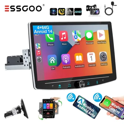 Produktbild von Autoradio 1 DIN Android 14 mit Carplay Android Auto GPS Navigation RDS Radio Bluetooth Freisprechanlage 10 Zoll Drehbarer Touchscreen 4GB RAM 64GB ROM USB