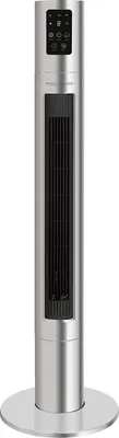 A silver and black tower fan with a digital control panel at the top.