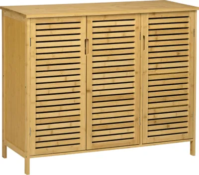 Image de HOMCOM Meuble à chaussures, armoire à chaussures, étagères et 3 portes ajourées, en bambou, style naturel, 100 x 35 x 80 cm, bois naturel