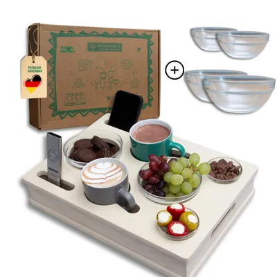 Produktbild von Couchbox mit 4 Glasschalen in Weiß | Couchbar Snackbox für Snacks und Getränke | Snackbar für die Couch | Couch Tablett mit Getränkehalter | Sofabar